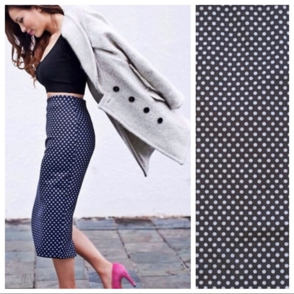 Zara Black&Blue Polka Dot Midi Stretchy Pencil Skirt Sz. XS black label - Picture 4 of 13